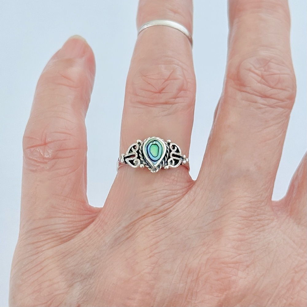 Sterling Silver Teardrop Abalone Ring with Swirls, Pear Shape Rings, Seashells - Picture 1 of 13
